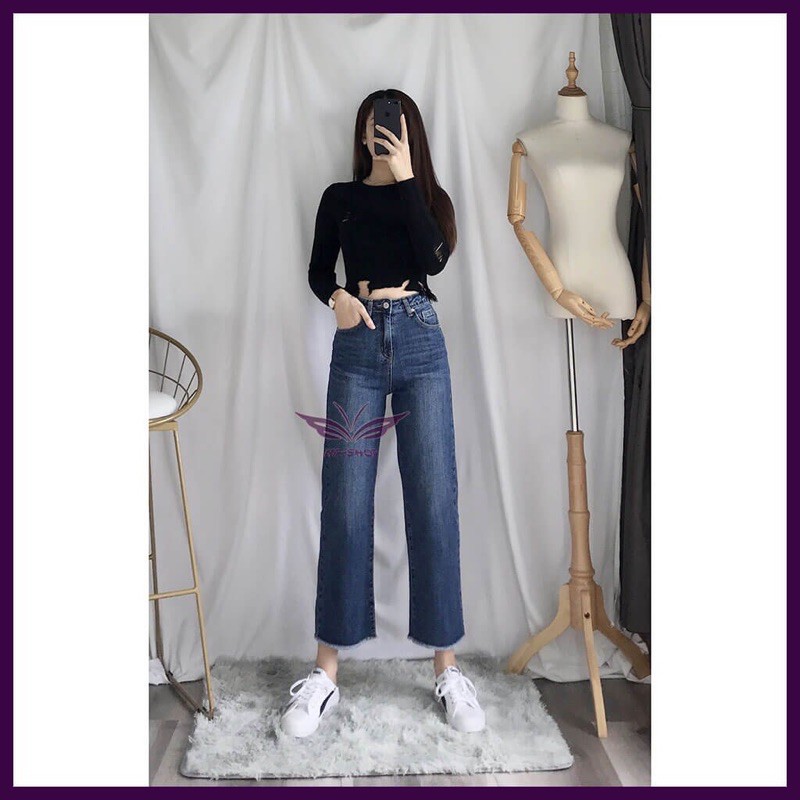 Quần jean nữ ống rộng tua lai lưng cao co giãn, quần bò nữ culottes cạp cao NPQUAN014