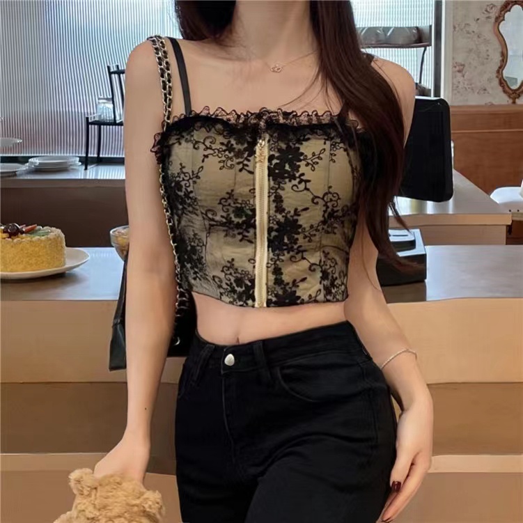 áo 2 dây có mút ngực áo hai dây croptop Áo Ống Ngắn Có Khóa Kéo Và Đệm Ngực Phối Ren Quyến Rũ Cho Nữ