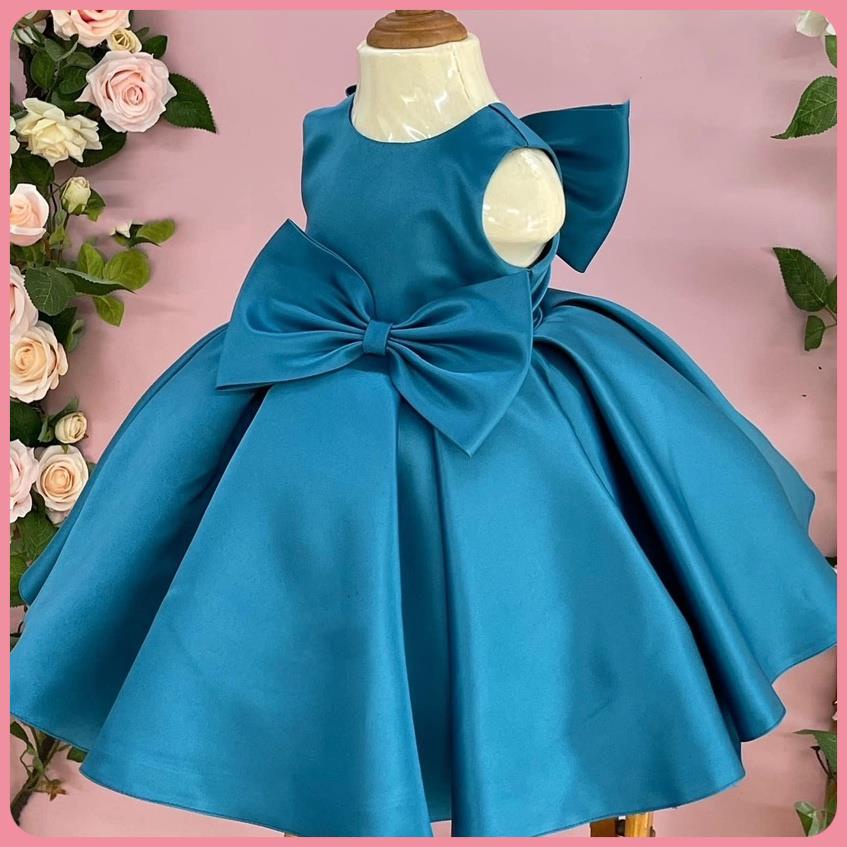 ❈✣Đầm Công Chúa Cho Bé Thiết Kế Nơ Sau Gáy Và Trước Ngực Cực Xinh, Váy Chất Liệu Phi Bóng Hàn Quốc Cao Cấp
