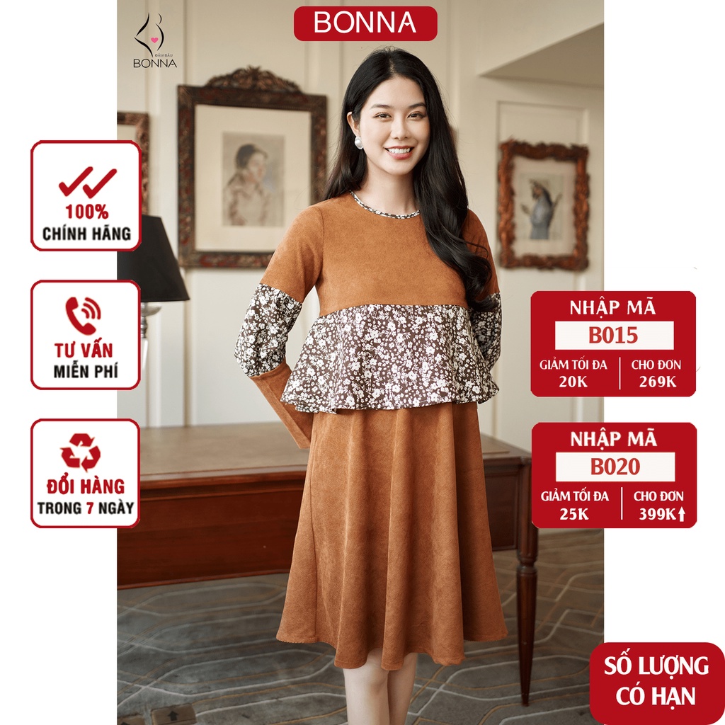Đầm bầu dự tiệc BONNA dáng suông phối nhún lạ mắt chất nhung tăm cao cấp, mặc đi tiệc đi sự kiện ấm áp, sang trọng VS098