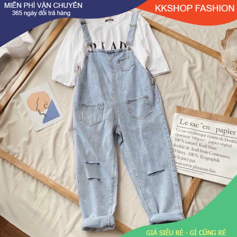 Quần yếm jean dài rách gối kiểu quần yếm ống suông đứng thời trang teen KKShopFashion