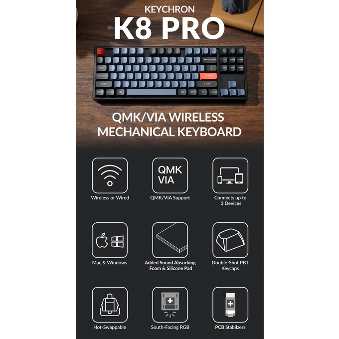 Bàn phím cơ không dây Keychron K8 Pro - Khung nhôm Led RGB - Hotswap QMK/VIA - Switch Gateron G Pro - Hàng chính hãng