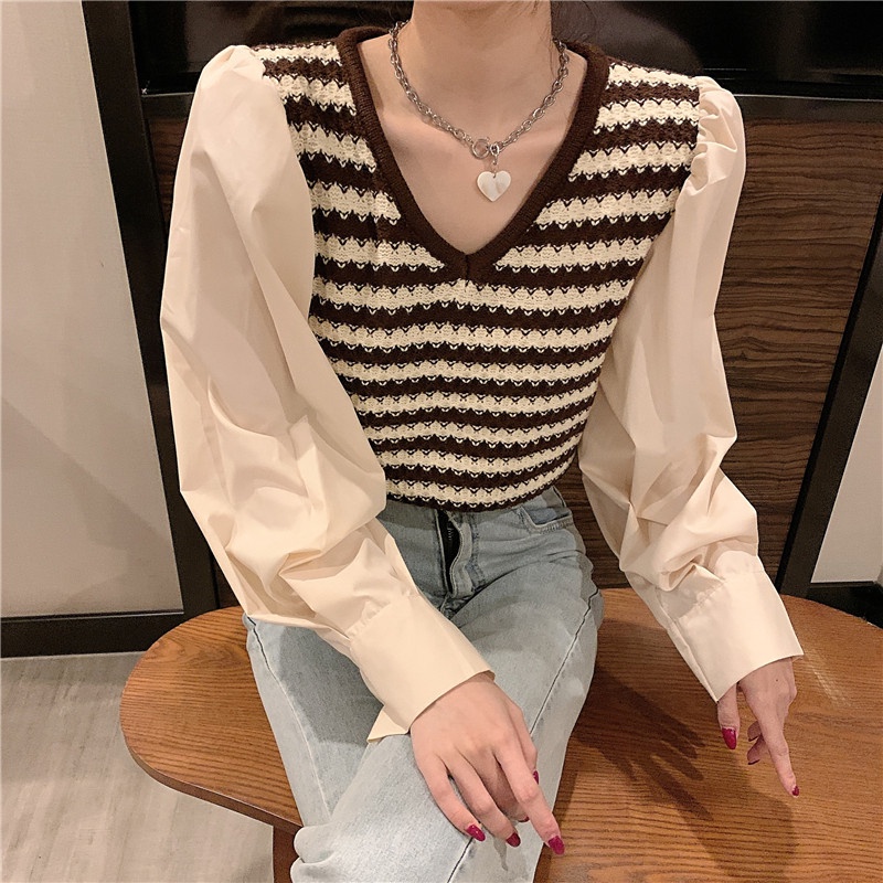 Áo dệt kim ZHELIHANGFEI giả hai lớp cổ V phối tay dài đơn giản thời trang