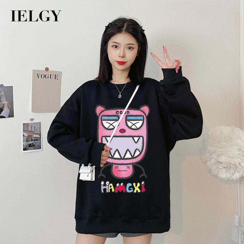 Áo sweater IELGY cổ tròn dáng rộng in hình hoạt hình xinh xắn cho nữ