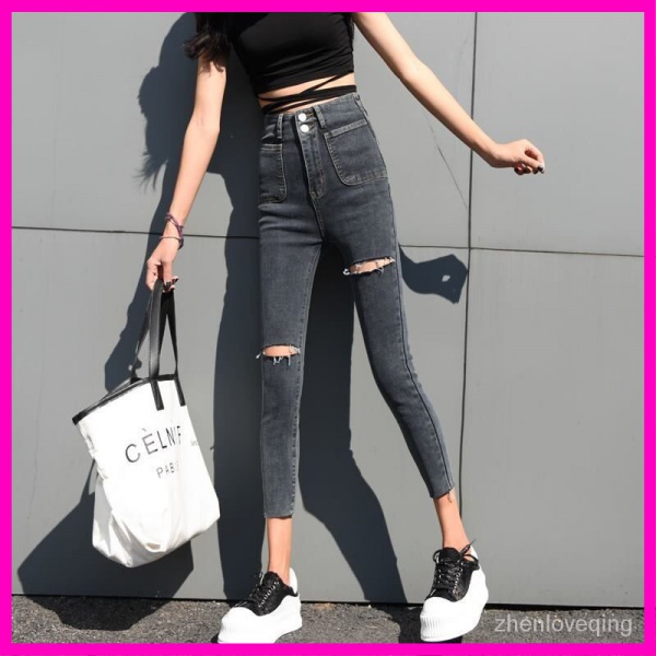 Quần Jeans 9 tấc lưng cao co giãn phối vết rách thời trang Hàn Quốc cho nữ