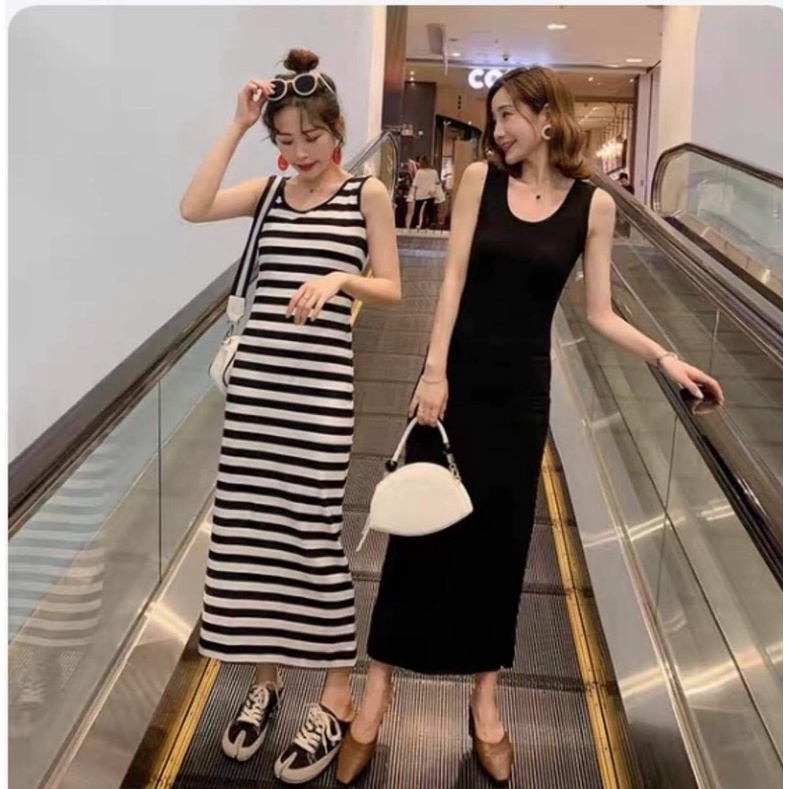 💋VÁY MAXI BA LỖ 2 MÀU KẺ - ĐEN siêu đẹp