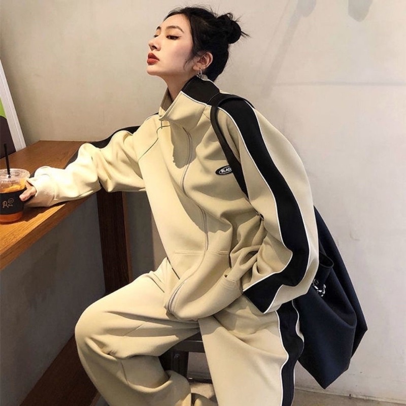Set thể thao 2 món áo tay dài có cổ phối khoá kéo + quần dài ống rộng thời trang