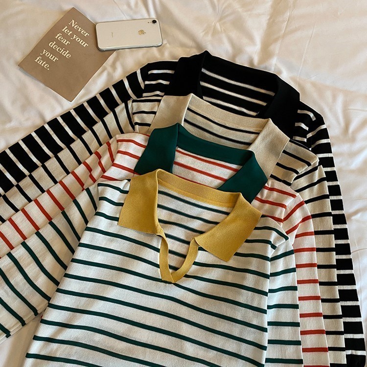 Áo thun cổ bẻ tay dài dáng rộng kẻ sọc ngang phong cách Hàn Quốc cho n