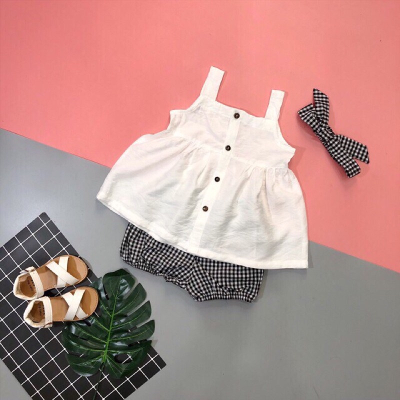 [ XẢ HÀNG] Bộ hè bé gái, bộ áo 2 dây chất đũi cài cúc phối quần thô kẻ và turban cho bé
