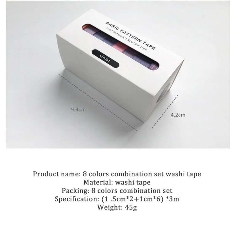 Set 8 cuộn băng keo washi màu trơn kiểu retro dễ thương dùng trang trí sổ tay