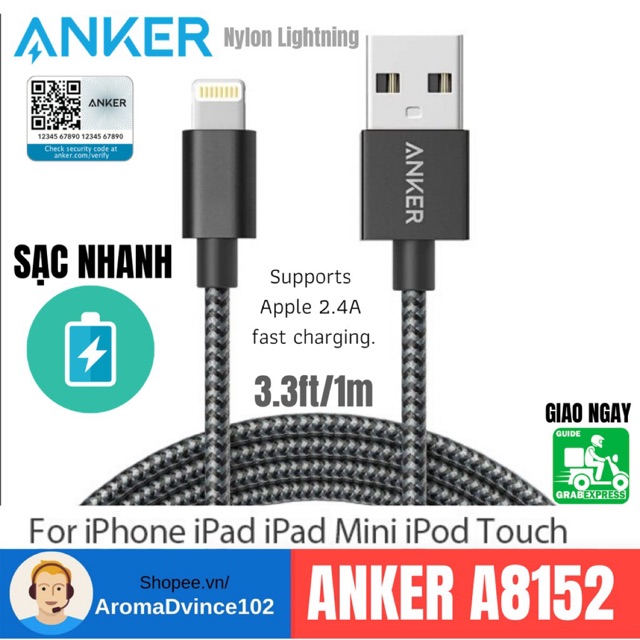 [⚡️Sạc Nhanh] Dây cáp sạc siêu bền Lightning Anker A8152 dài 1m - Hàng chính hãng