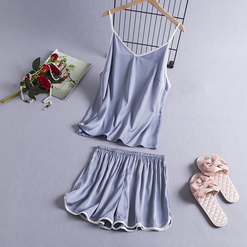 Set đồ ngủ vải lụa satin lạnh mềm mại dáng rộng màu trơn phong cách đơn giản thời trang cho nữ