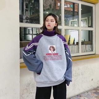 [Hàng oder] Áo nỉ phối len cao cổ oversize