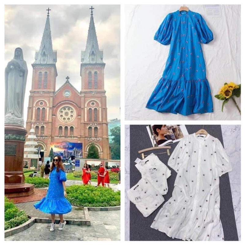 Váy tay bồng dài xanh hoa thêu zara xuất dư xịn