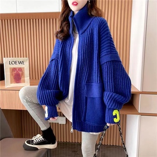 Autumn and winter new spring thickened Klein blue turtleneck cardigan Korean version of lazy style knitted jacket