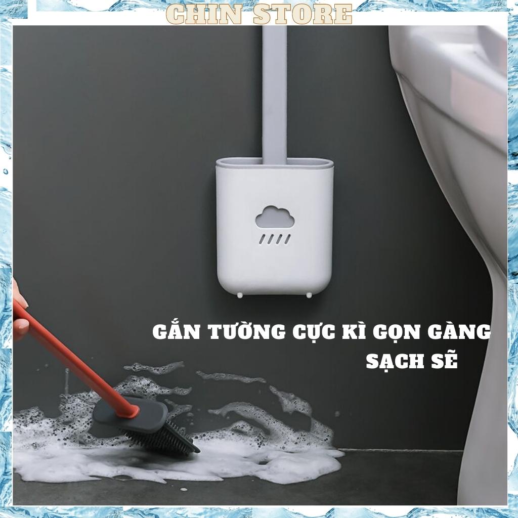 Chổi cọ toilet, nhà tắm đa năng cao cấp bằng silicon hình đám mây kèm hộp treo tường chắc chắn 38*4*10cm