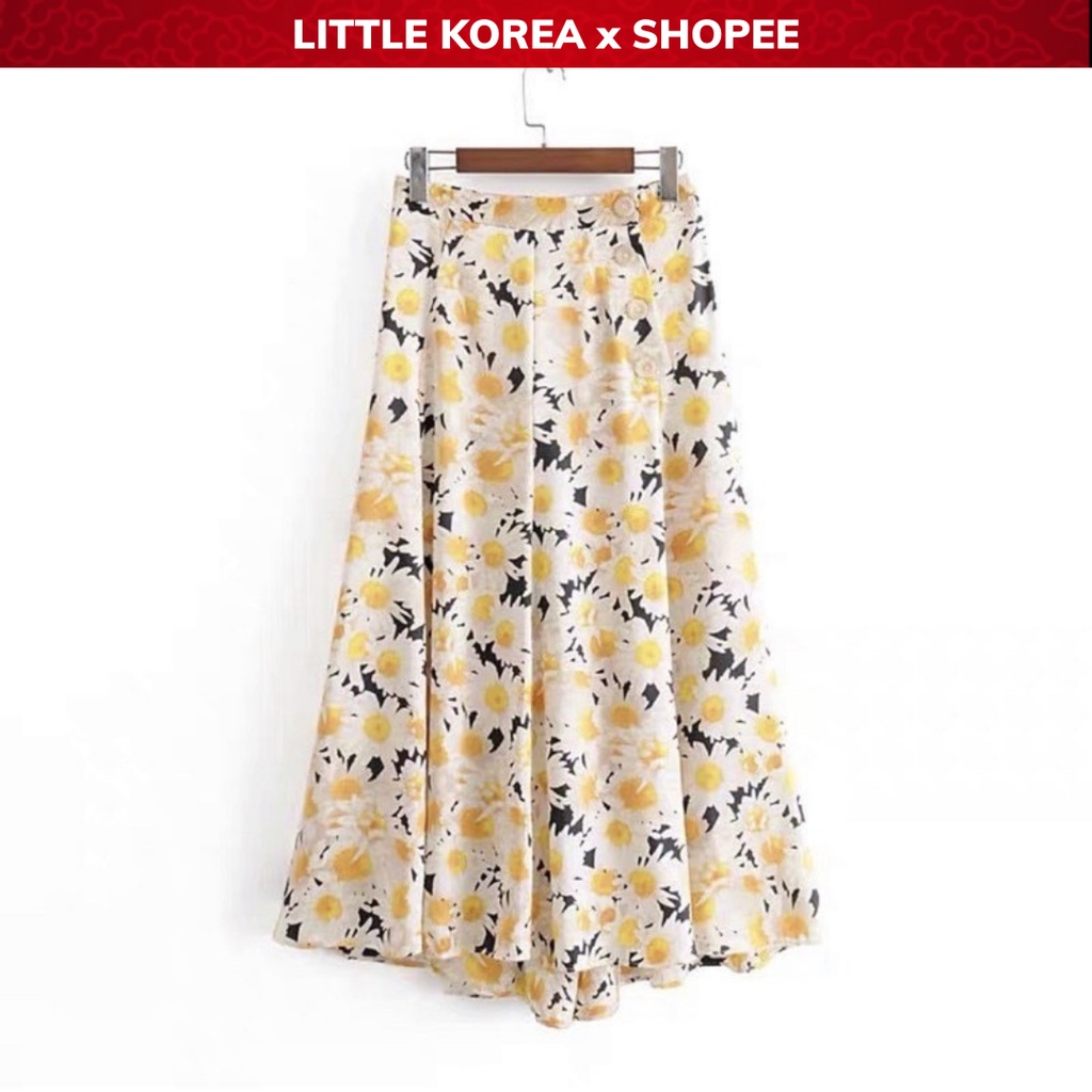 Set Bộ Váy Dáng Dài Xẻ Tà Và Áo Cổ V Tay Lửng Hoa Vàng - LITTLE KOREA