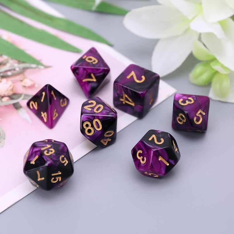Set 7 Xúc Xắc Bằng Acrylic Màu Đen / Tím / Vàng D4 D6 D8 D10 D12 D20 Dùng Để Chơi Các Bữa Tiệc
