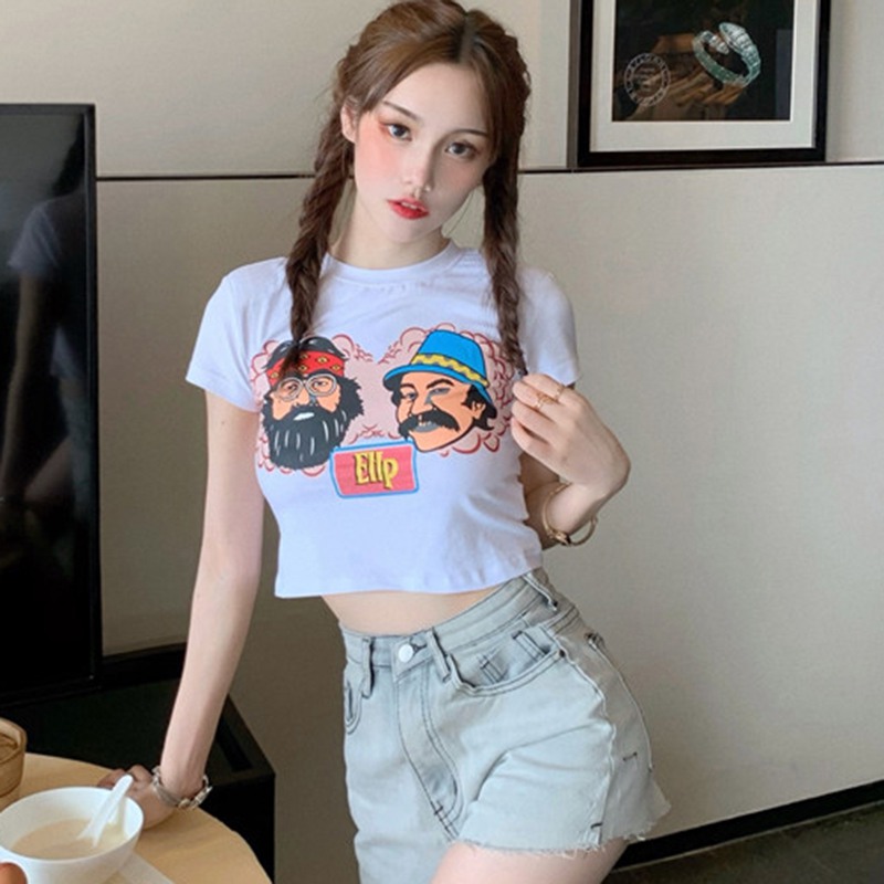 Áo Croptop Tay Ngắn Cổ Tròn Hoạ Tiết In Phong Cách Hàn Quốc