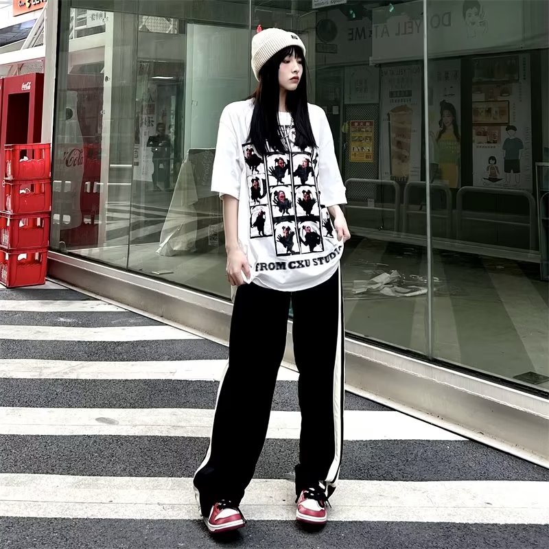 quần ống rộng nam Quần Thể Thao Ống Rộng Lưng Cao Họa Tiết Kẻ Sọc Phong Cách Hàn Quốc Thời Trang Cho Nữ