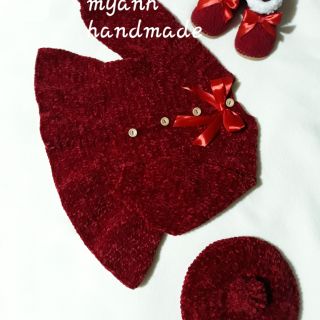 Set áo váy boot và mũ len nhung handmade