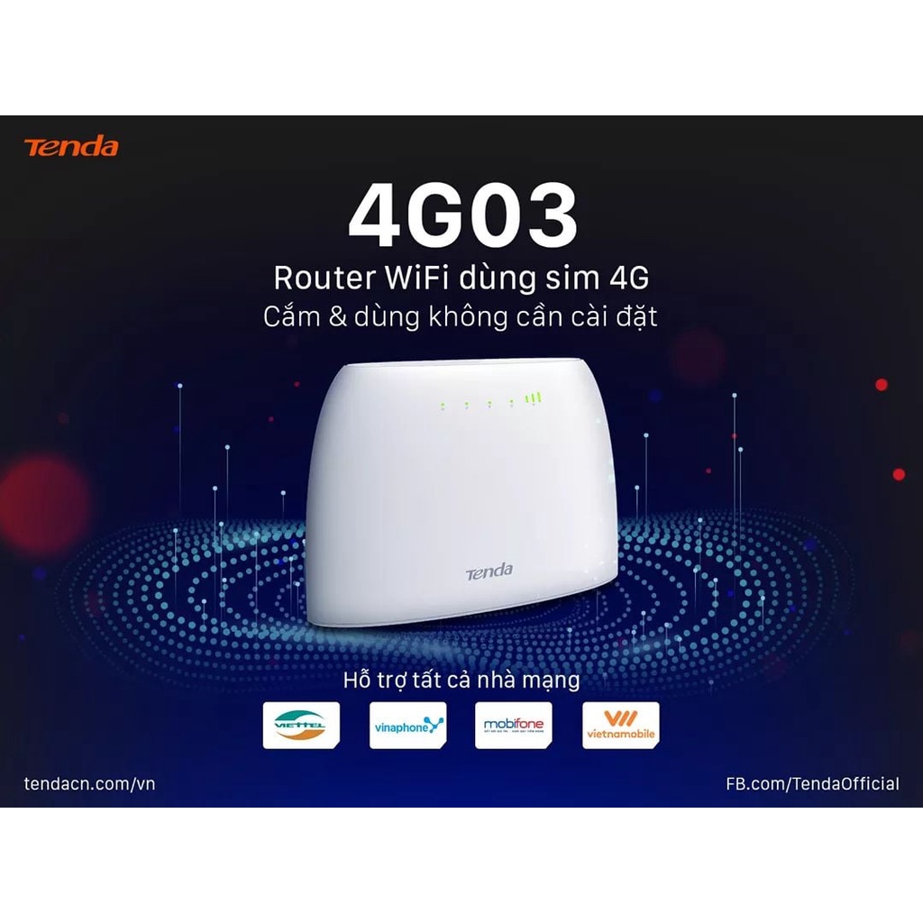 Bộ Phát Wifi 4G Tenda 4G03 Chuẩn N300 dùng Sim 4G - Hàng Chuyên Dụng Hỗ Trợ 32 User Kết Nối