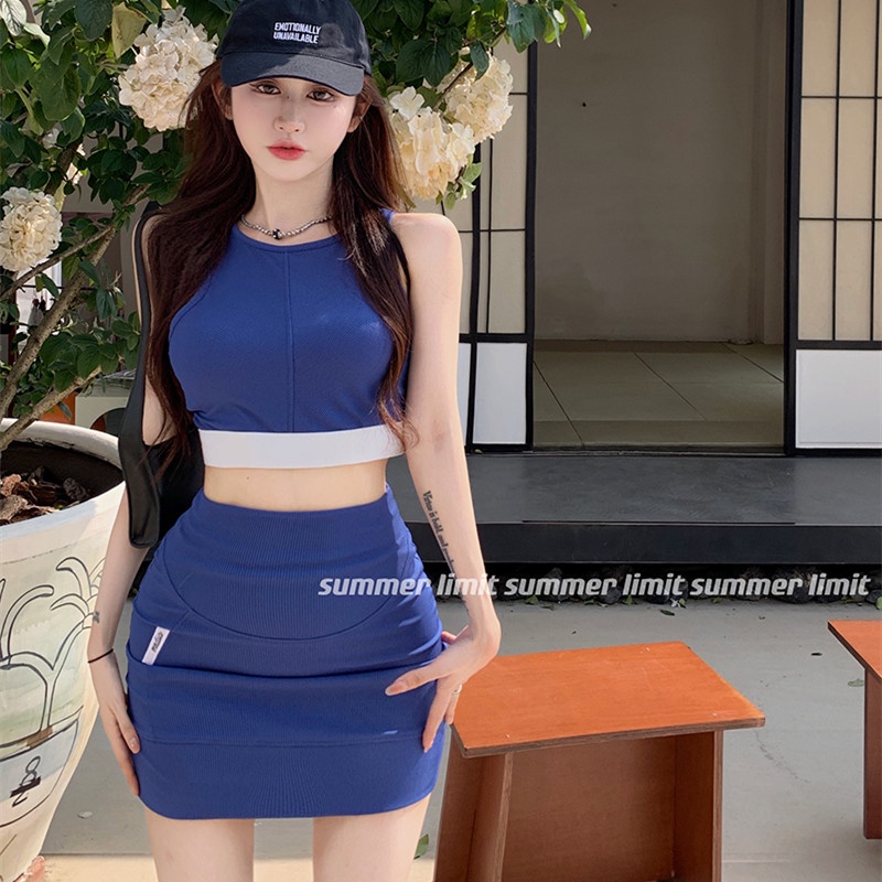 Set Áo Camisole + Chân Váy Lưng Cao Dáng Ôm Chất Liệu Co Giãn Trẻ Trung Năng Động