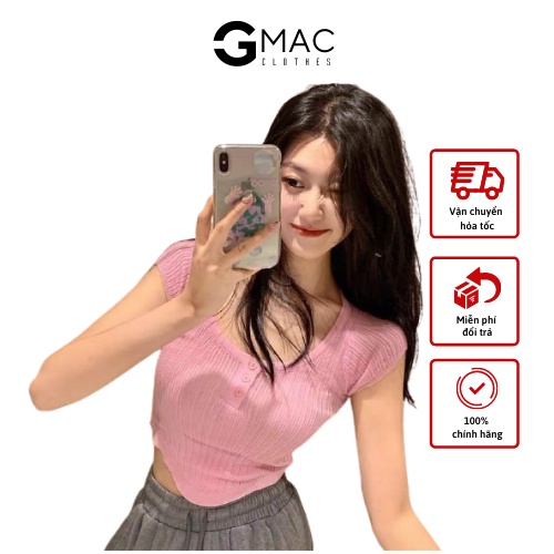 Áo croptop nữ ngắn tay cổ tròn GMAC chất len mỏng áo kiểu trễ vai- 026