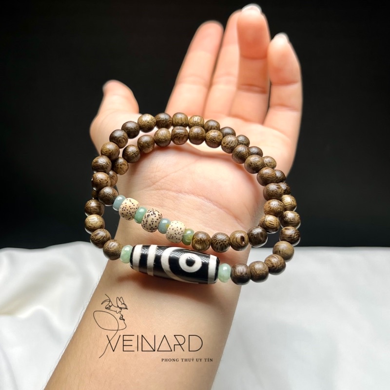 Vòng tay trầm gió vườn 6.8mm mix dzi 2 mắt