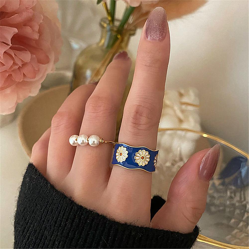 NIUYOU Nhẫn Hở Họa Tiết Tráng Men Màu Xanh Dương Nhỏ Xinh Thanh Lịch Cho Nữ