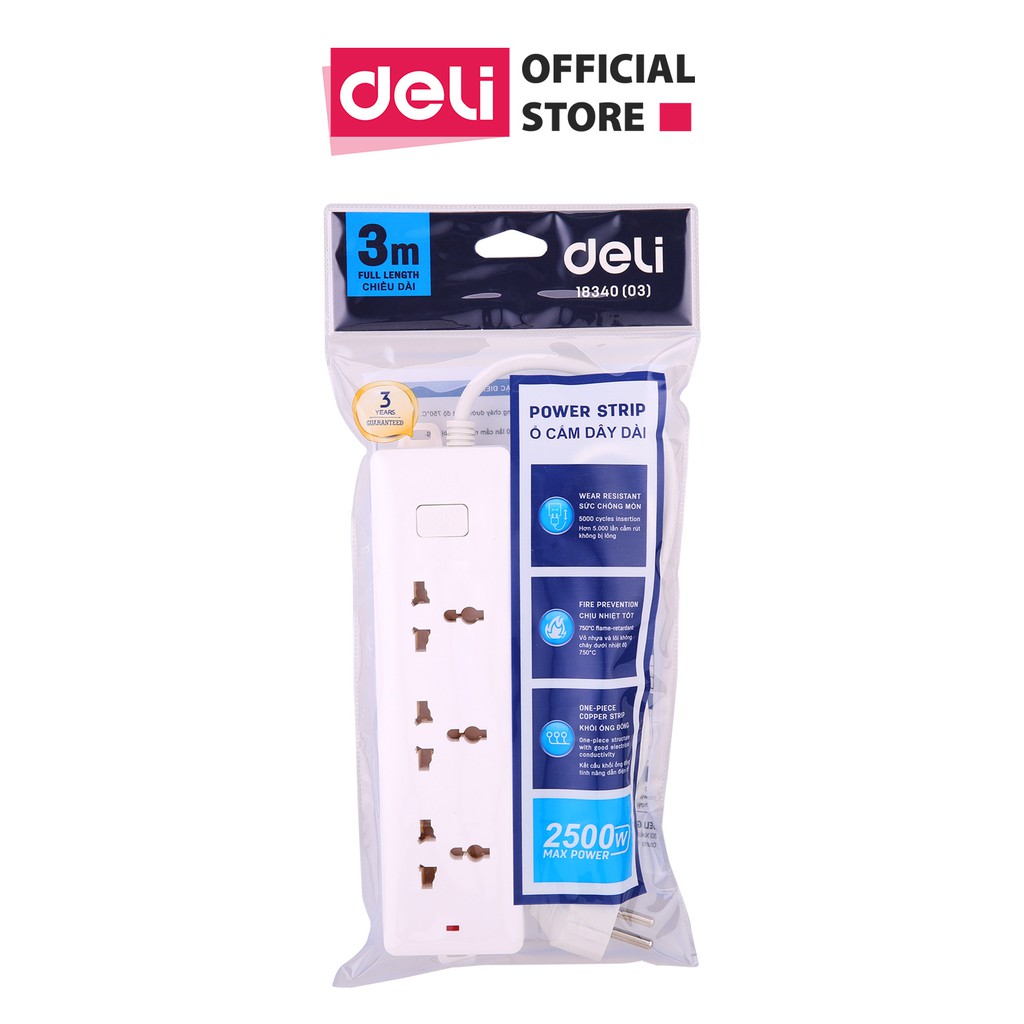 Ổ cắm điện Deli - dây 2m/3m/5m - 1 chiếc - E18340-02 / E18340-03 / E18340-05