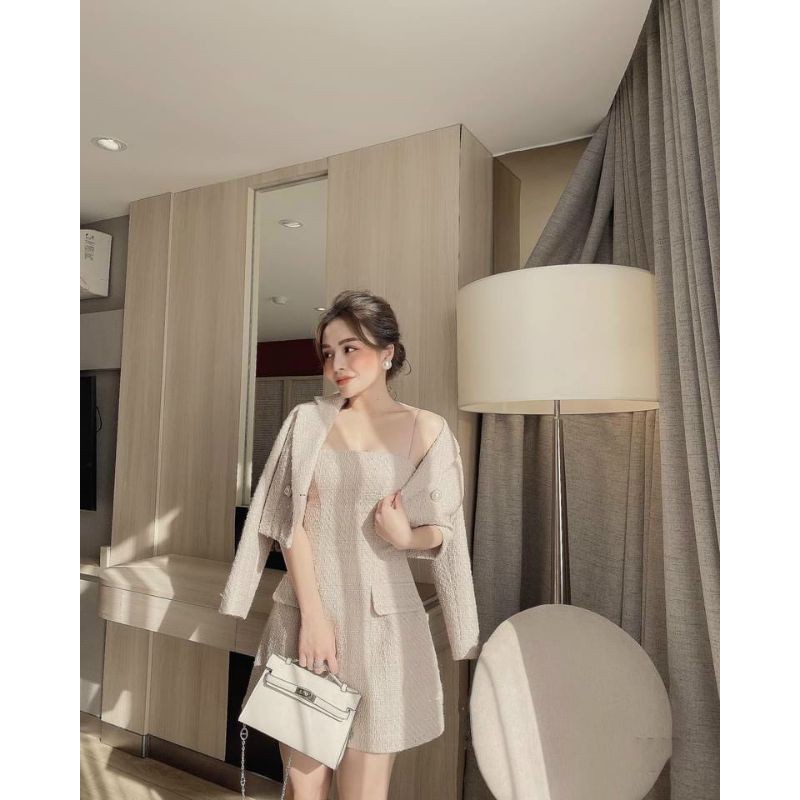 S272 Set Vest, Gồm Váy 2 dây dáng chữ A sang trọng lịch sự phối Áo vest dáng ngắn hai lớp cao cấp