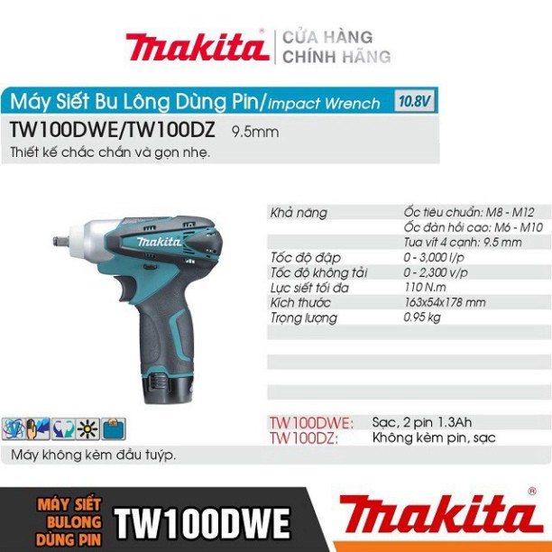 [Chính Hãng] Máy Siết Bu Lông Dùng Pin Makita TW100DWE (10.8V-1.3AH)