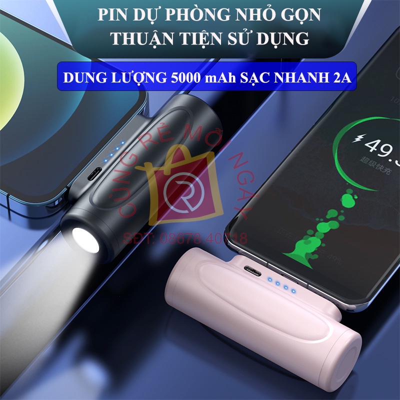 Sạc dự phòng viên nan bỏ túi có đèn pin - Sạc dự phòng mini cầm tay dùng khẩn cấp 5000mAh sạc nhanh 2A