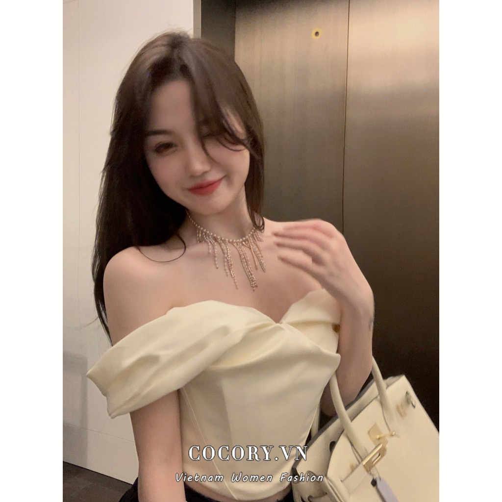 Cocory vn Thời Trang Áo Croptop Tay Ngắn Trễ Vai Chất Liệu Satin Quyến Rũ Cho Nữ