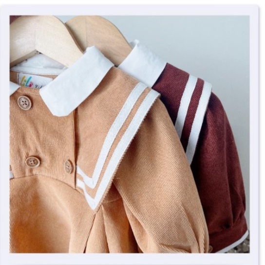 [ảnh thật sp }Đầm Bé Gái Vintage Chất Nhung Tăm, Cổ và Tay Phối Viền Phong Cách Hoàng Gia
