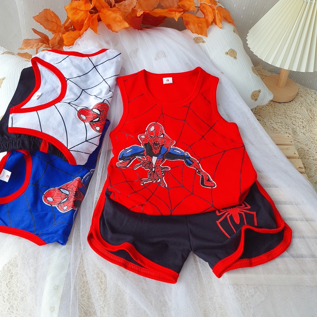 Đồ bộ bé trai, bộ quần áo siêu nhân nhện spider man ba lỗ sát nách chất cotton cho bé từ 7-25kg