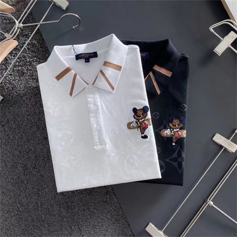 L & V Áo Thun polo Thêu logo Chuột Mickey Ngực Chéo Màu Tối Phong Cách Doanh Nhân Giản Dị