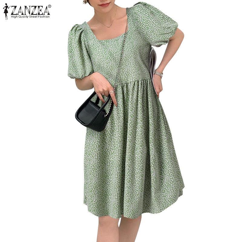 Zanzea Đầm Tay Ngắn Phồng Cổ Vuông In Họa Tiết Hoa Phong Cách Hàn Quốc Dành Cho Nữ