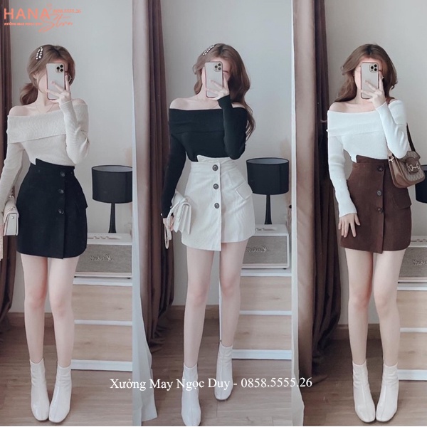 Chân váy nhung tăm chữ A ngắn lưng cao cạp vạt lệch điệu dà dáng quần giả váy chữ A công sở tiệc hẹn hò vải mềm dày dặn