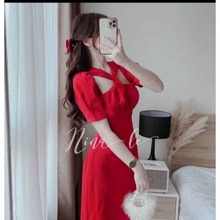 Đầm dự tiệc chất liệu lụa nhung xoắn ngực tay phồng xinh lung linh
