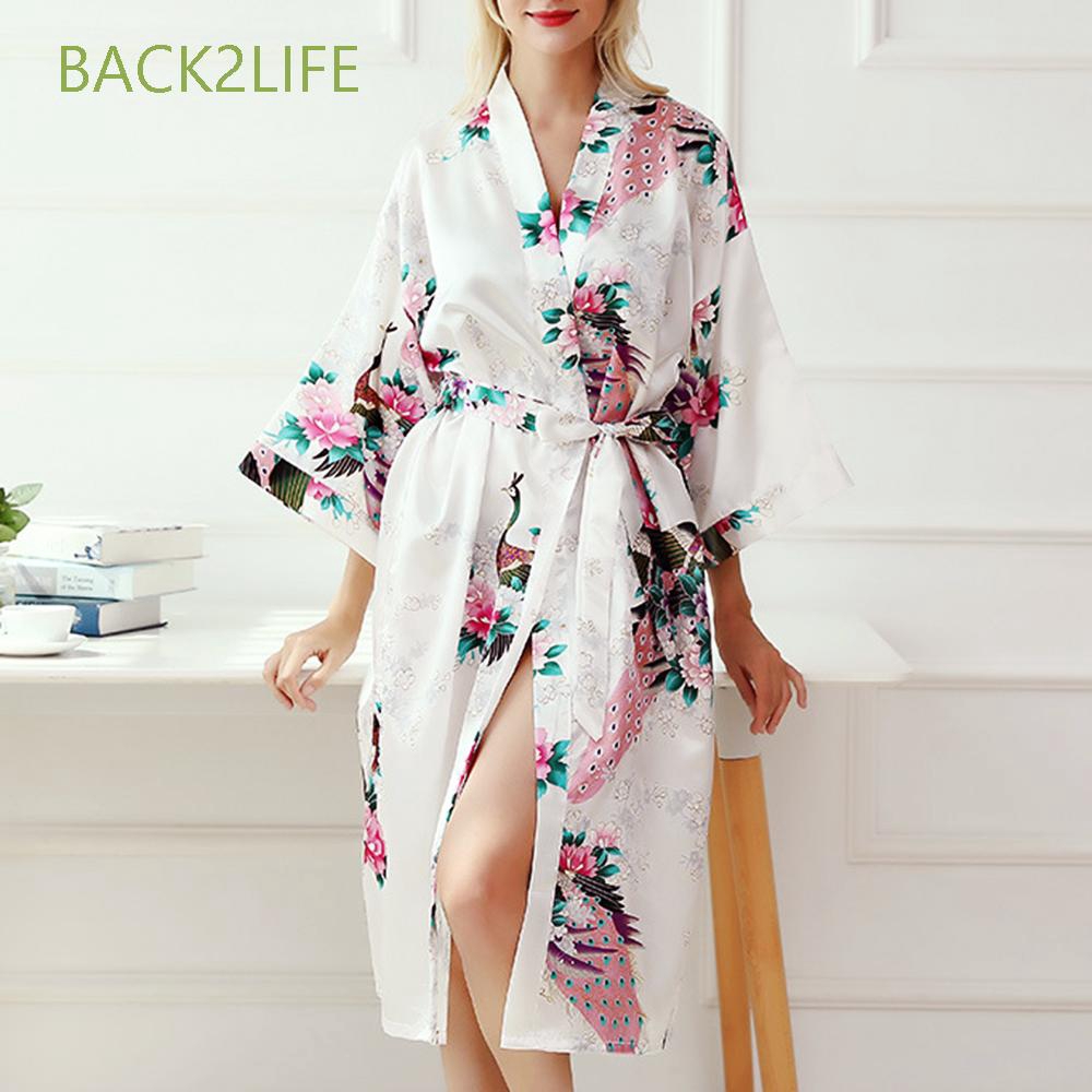 Áo choàng ngủ kimono vải lụa satin in họa tiết hoa và chim công thời trang phối dây thắt lưng