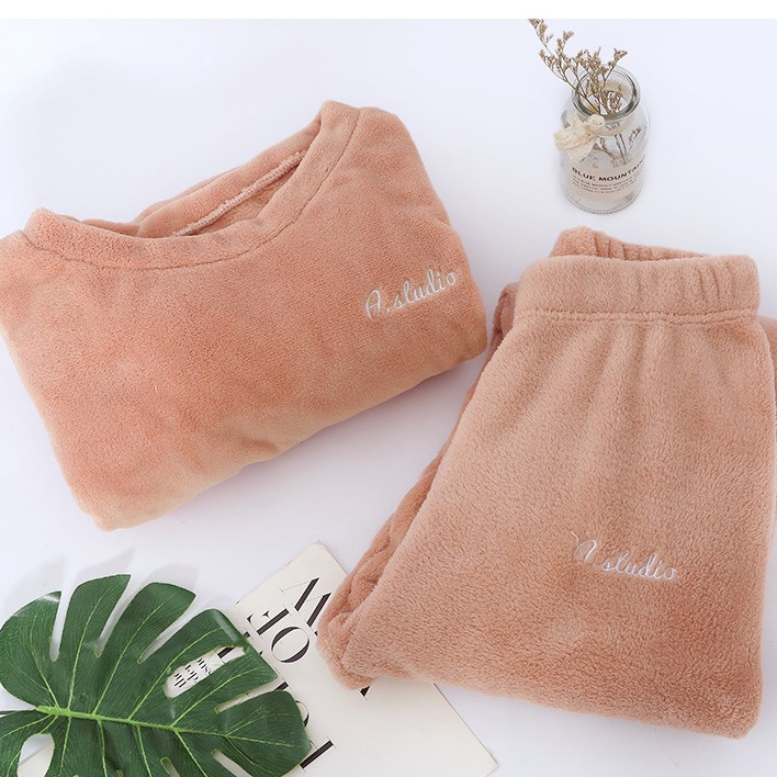 Bộ nỉ lông thêu chữ D Studio, bộ bông nỉ bộ ngủ nữ mặc ở nhà đồ bộ lông mùa đông 1H12