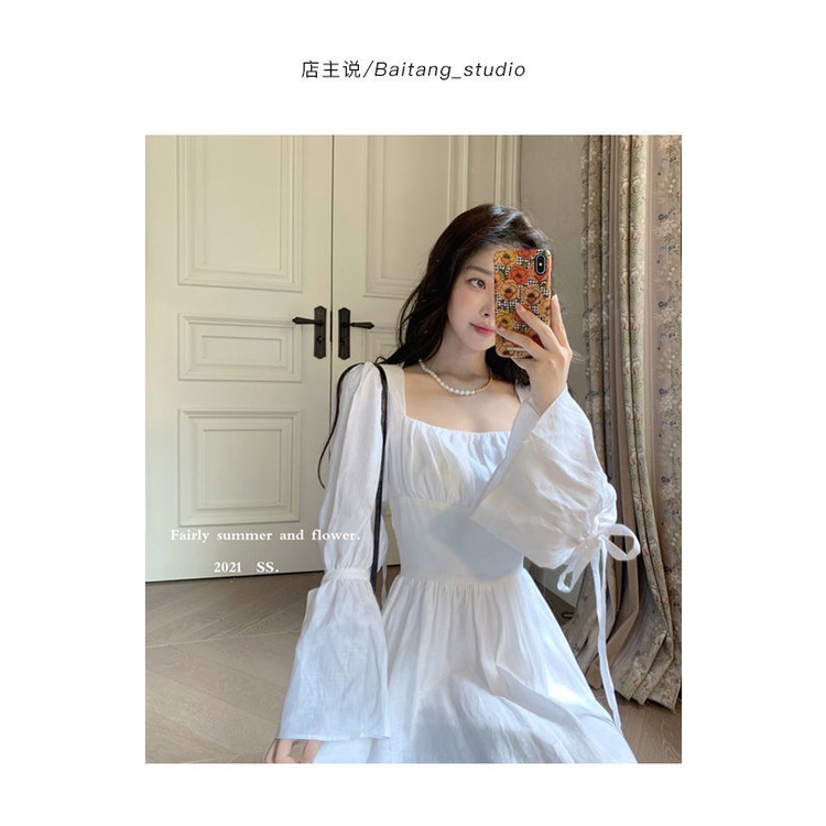 Đầm Trắng Tay Dài Thời Trang Mùa Thu Hàn Quốc Mới Trẻ Trung Đáng Yêu Cho Nữ