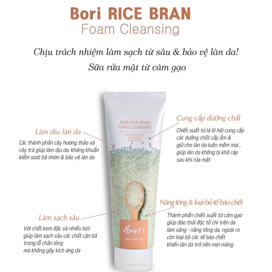 Sữa rửa mặt chiết xuất cám gạo dưỡng trắng, thu nhỏ lỗ chân lông - Bori Rice Bran Foam Cleansing 120ml