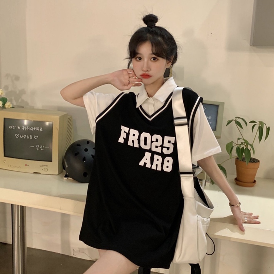 Đầm Thể Thao Ngắn Tay Dáng Rộng Có Cổ Thời Trang Hàn Quốc Cho Nữ