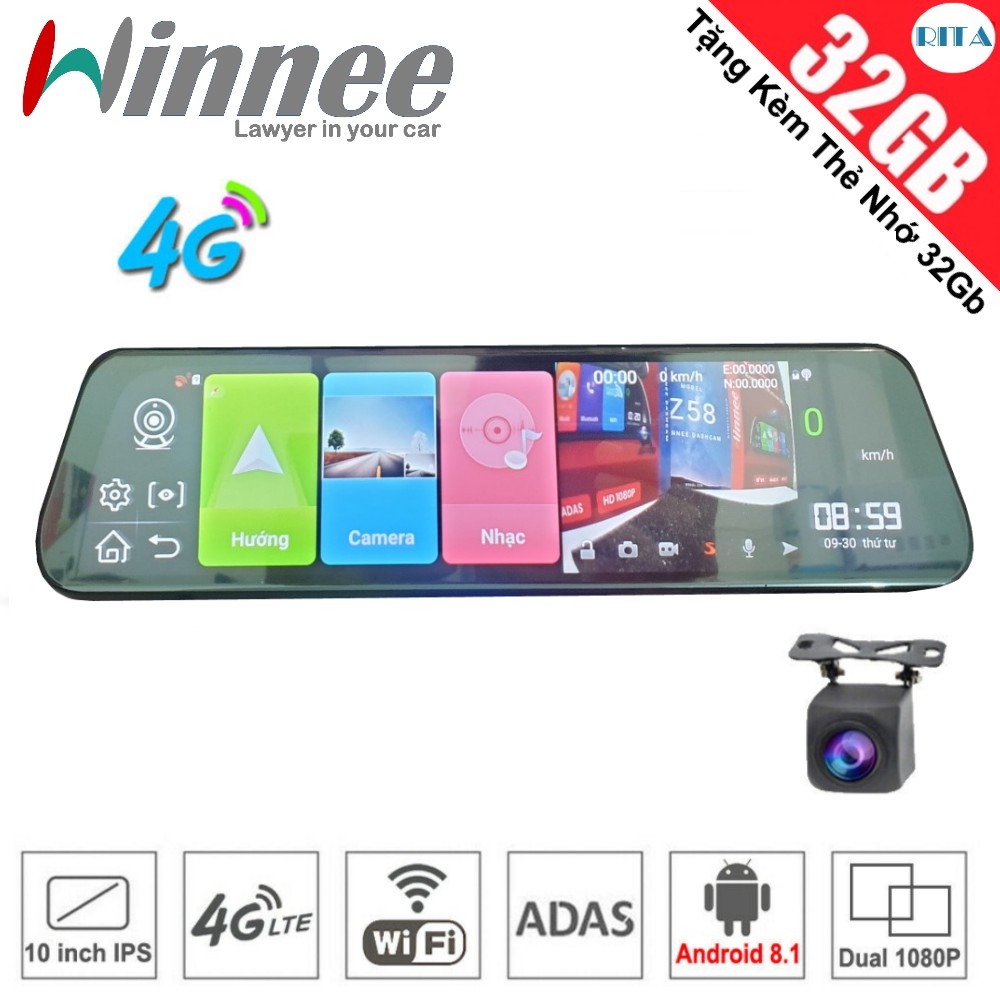 Camera hành trình Winnee Android 4G, Wifi, GPS Gương Z58 (Tặng Kèm Thẻ Nhớ 32Gb)