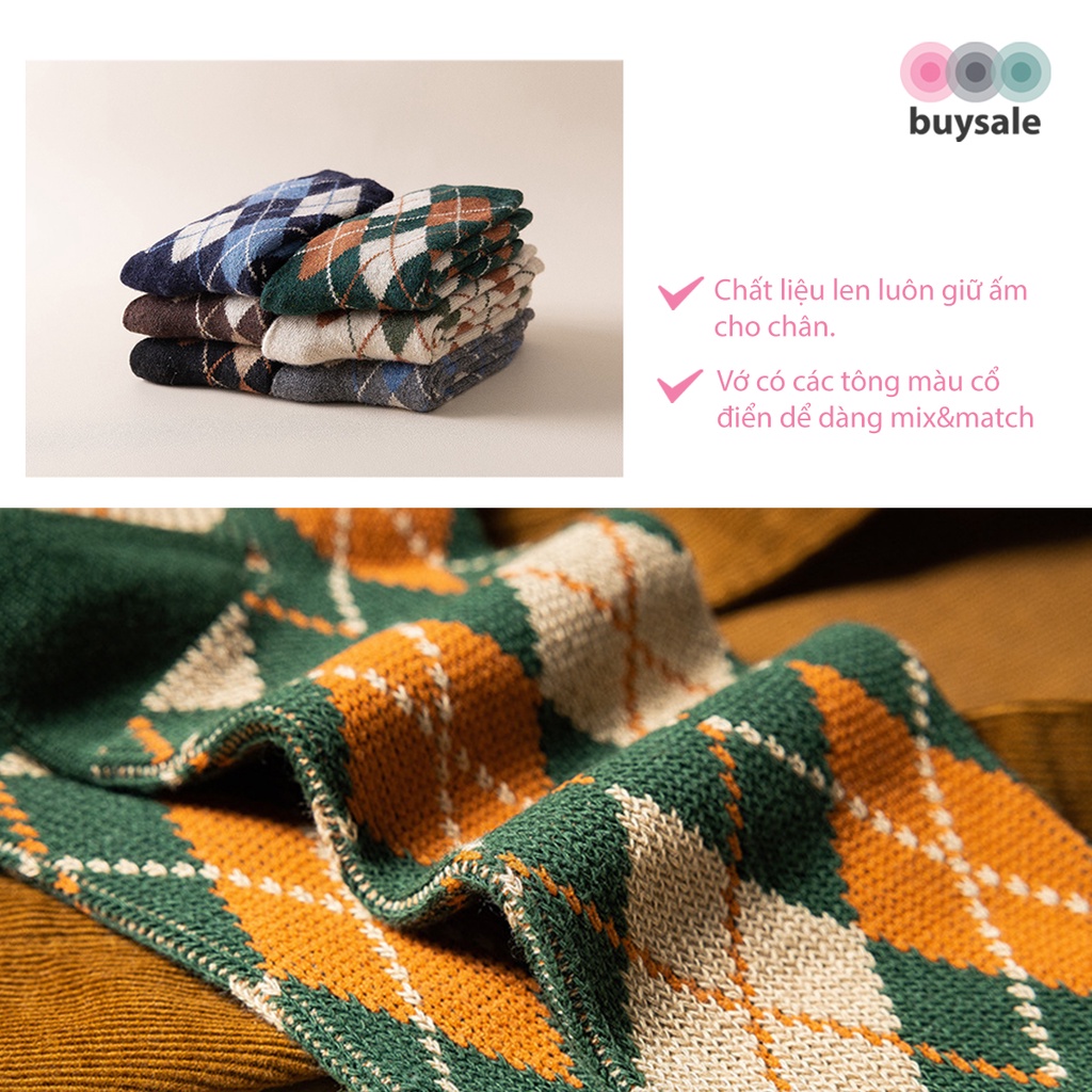 Vớ len thu đông họa tiết phong cách retro caro hình thoi phong cách cổ điển, tông màu ấm áp - BuySales - BSPK243