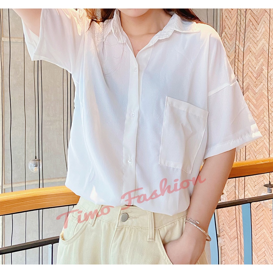 Áo sơ mi nữ, áo sơ mi nữ form rộng tay ngắn kiểu unisex tay lỡ hàn quốc cao cấp công sở, mặc đi học, AO006