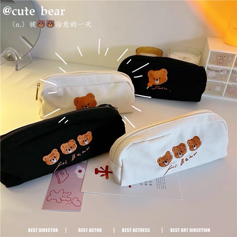 Túi Đựng Bút Vải Canvas Cỡ Lớn Thêu Họa Tiết Dễ Thương Cho Nữ Sinh